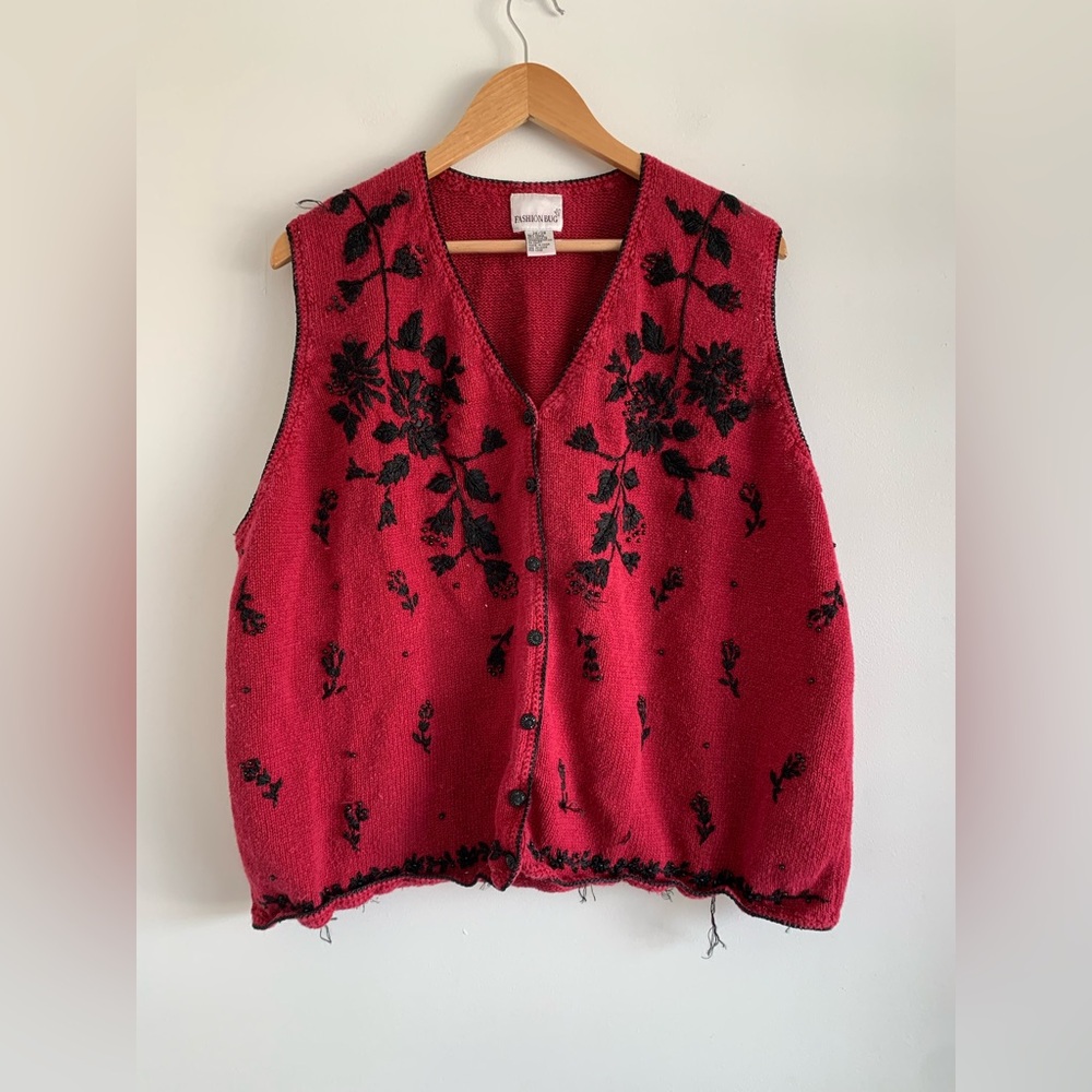 Fashion Bug red and black embroidered floral vest